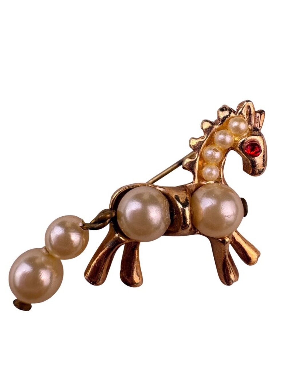 Vintage Gold Tone Synthetic Pearl Horse Brooch With Red Eye Accent Pin Jewelry